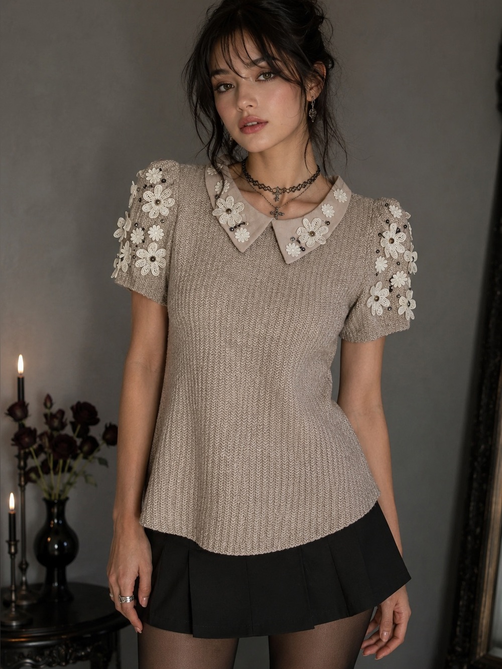 Sister Jane Embellished Floral Peter Pan Collar Knit Top Beige Size M NWT